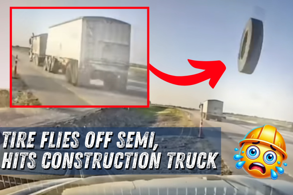 Semi Tire Flies into Construction Truck